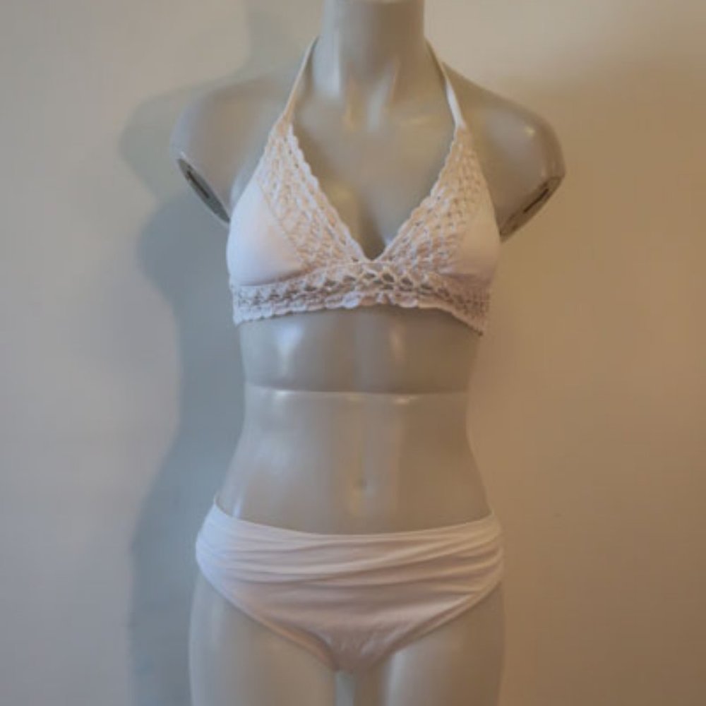 Beca By Rebecca Virtue 2pc White Crochet Trim Triangle Swim Bikini & Bottom Sz 8